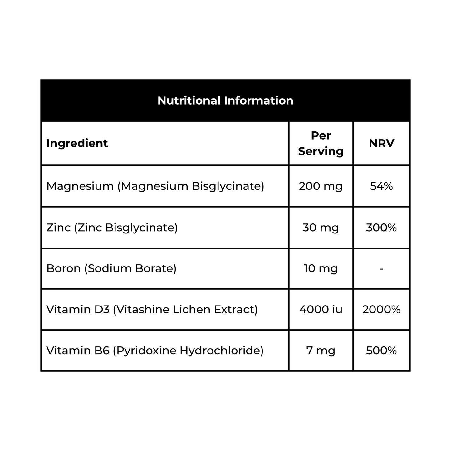 ZMA ingredients, magnesium bisglycinate, zinc bisglycinate, sodium borate boron, vitamin d3 lichen extract, vitamin b6 pyridoxine hydrocloride 