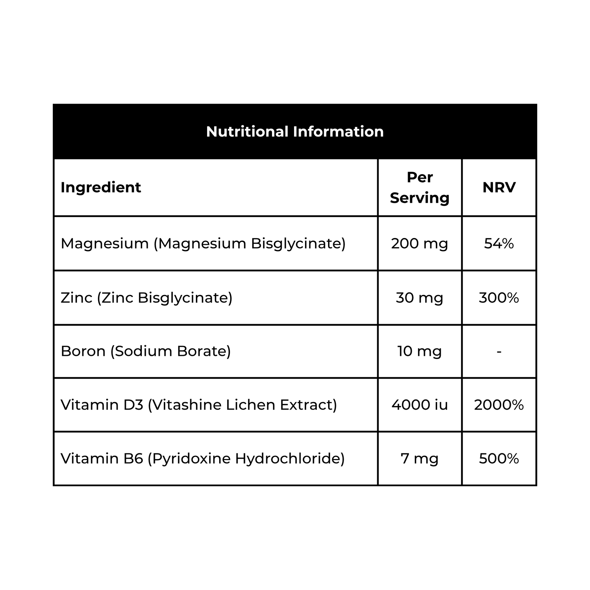 ZMA ingredients, magnesium bisglycinate, zinc bisglycinate, sodium borate boron, vitamin d3 lichen extract, vitamin b6 pyridoxine hydrocloride 